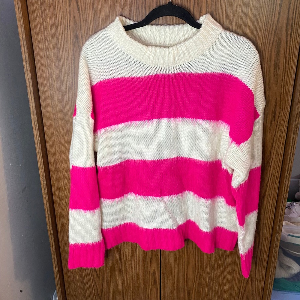 Bluivy Striped Sweater Women S/M Pink White Mohair Blend Chunky Knit Pullover